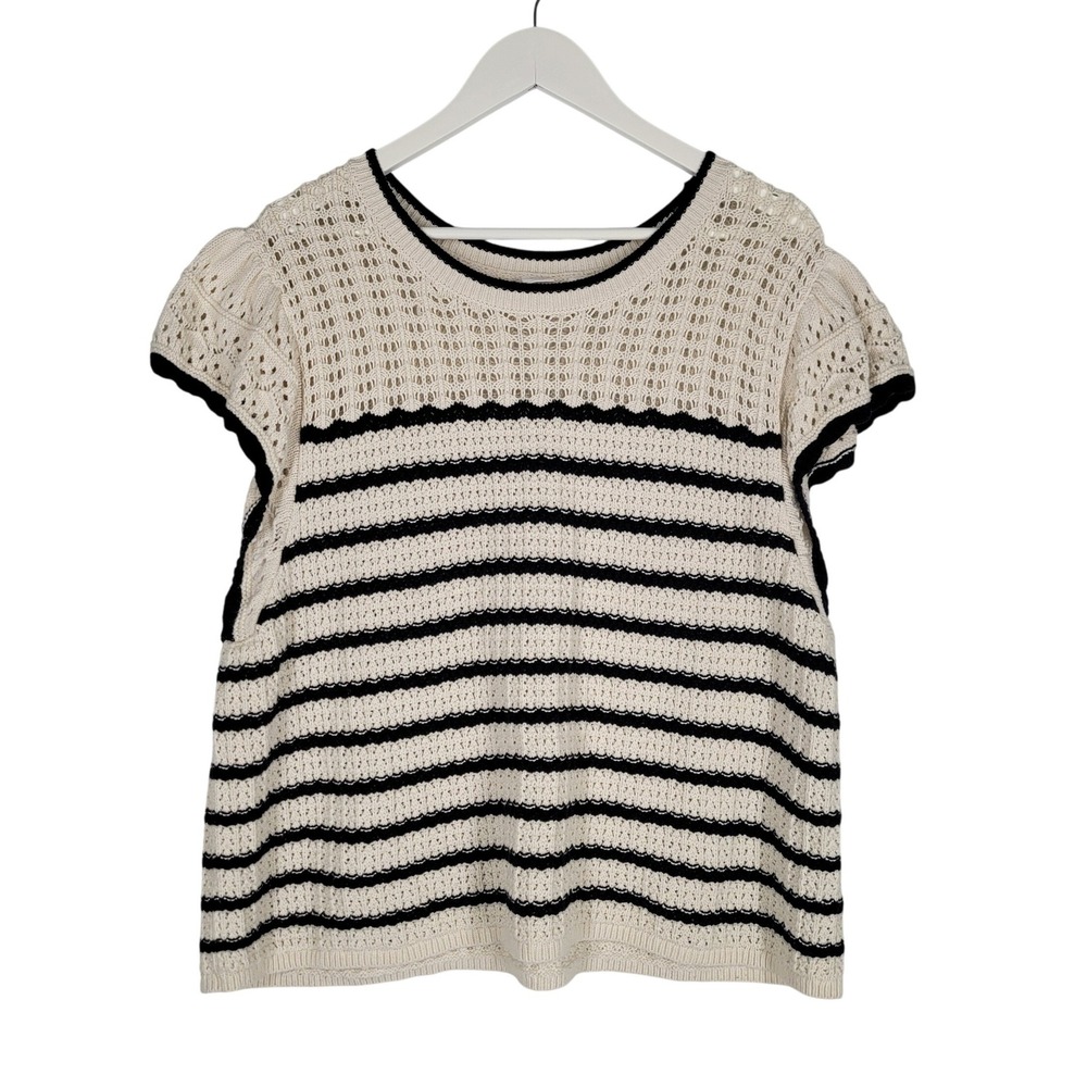 Gap Crochet Knit Sweater Top Womens XXL Cream Navy Striped Ruffle‎ Sleeve Boho